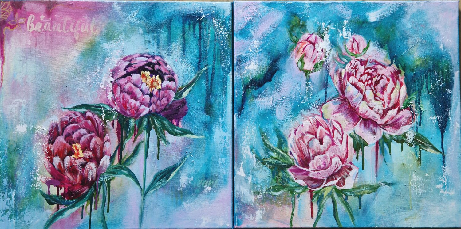 "Let's dance II"- large oil floral diptych Irina Morisch Originalgemälde zu verkaufen