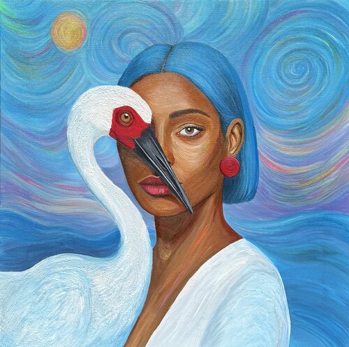 Lady Blue and the Crane beneath the Living Sky by Shay Mess, Painting for Sale on Singulart