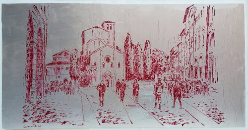 Bologna in rosso/argento : Piazza S.Stefano  P397 van Maurizio Carpanelli, Schilderij te koop op Singulart