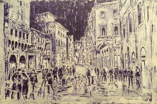 Bologna piazza Ravegnana di notte    P362 par Maurizio Carpanelli, Peinture en vente sur Singulart