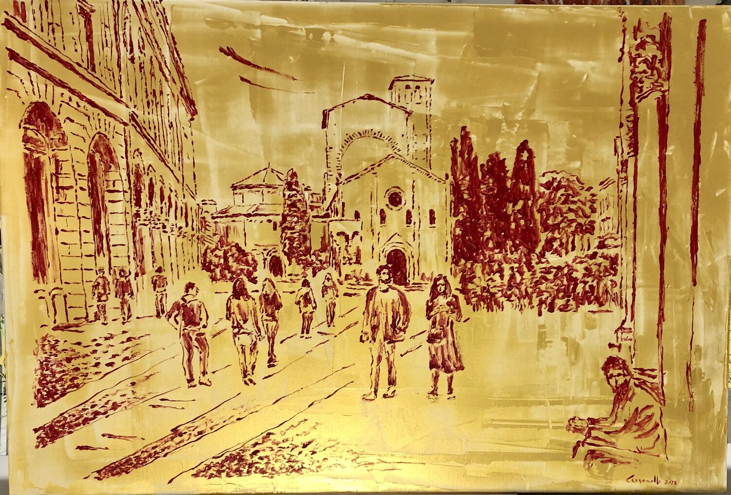 Bologna in rosso/oro :Piazza S.Stefano  P412 Maurizio Carpanelli Dipinto originale in vendita