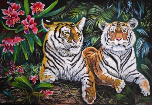 Tiger in Dschungel, Flüsterkraft im Orchideenschirm van Larisa Pires, Schilderij te koop op Singulart