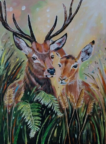 Hirsche. Hirsch und Hirschkuh. Eintracht in tiefen Forst di Larisa Pires, Pittura in vendita su Singulart