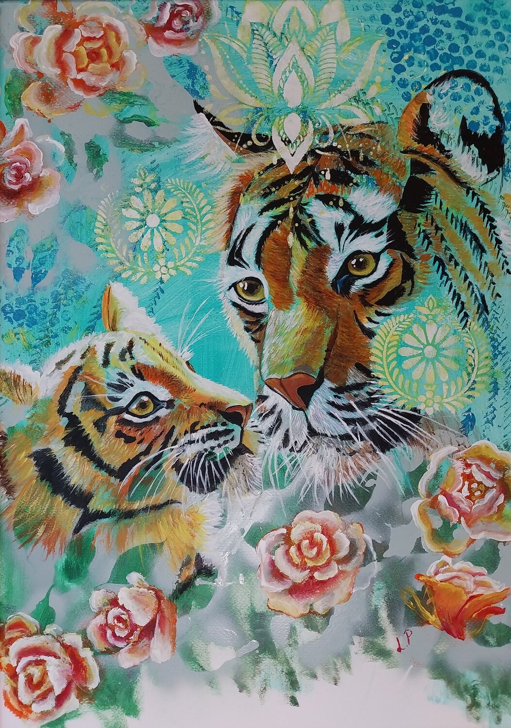 Tiger. Die sanfte Kraft der Zuneigung, Mutterliebe. Larisa Pires Originalgemälde zu verkaufen