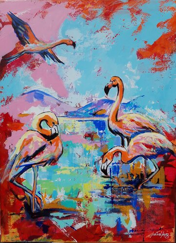 Flamants roses von Patrick Liotard lopez, Malerei kaufen auf Singulart