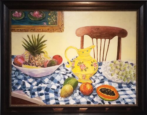 Still LIfe on Checkered Tablecloth di Banning Lary, Pittura in vendita su Singulart