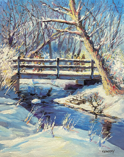 La passerelle enneigée par Vincent COUPPEY, Peinture en vente sur Singulart