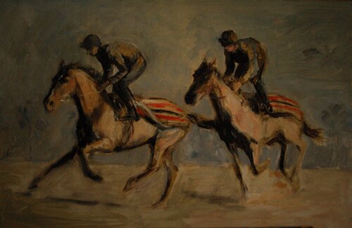 Racehorses training on the gallops di Jane Dunn-Astley-Corbett, Pittura in vendita su Singulart
