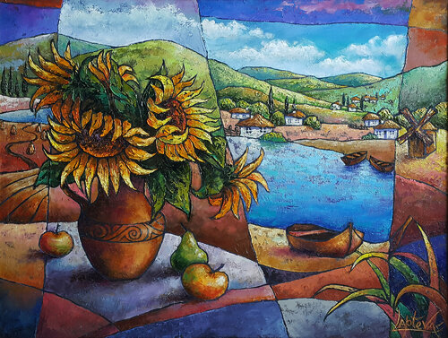 Painting Still life with sunflowers , original oil artwork von Viktoria Lapteva, Malerei kaufen auf Singulart