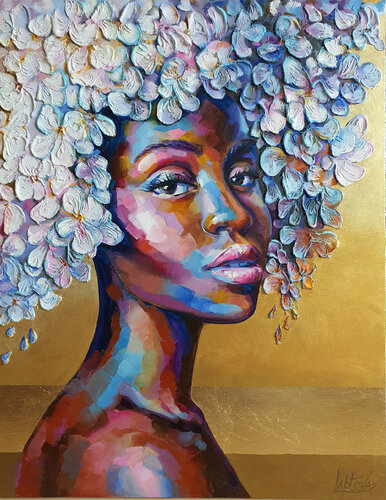 Black girl with white flowers, African woman portrait painting von Viktoria Lapteva, Malerei kaufen auf Singulart
