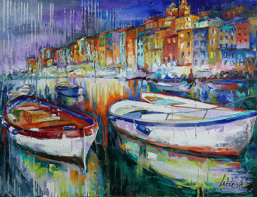 Painting  Boats in the evening city Viktoria Lapteva