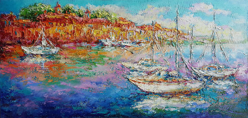Painting landscape Yachts near the red island von Viktoria Lapteva, Malerei kaufen auf Singulart