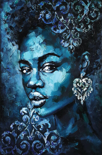 Painting African night, portrait girl - Portrait of a young black girl van Viktoria Lapteva, Schilderij te koop op Singulart
