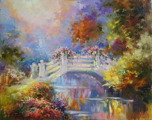 Painting landscape Pond in summer van Viktoria Lapteva, Schilderij te koop op Singulart