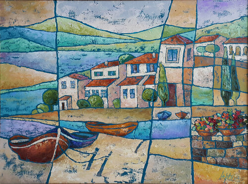 Painting labstract landscape Town on the coast di Viktoria Lapteva, Pittura in vendita su Singulart