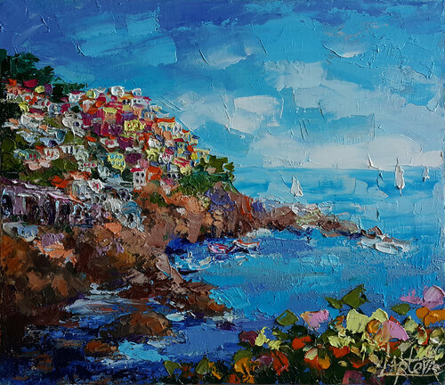 Manarola, Riomaggiore Province - Liguria, Italy landscape oil impasto painting de Viktoria Lapteva, Pintura a la venta en Singulart