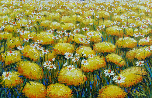 Dandelions and daisies, blooming, summer flowers van Viktoria Lapteva, Schilderij te koop op Singulart