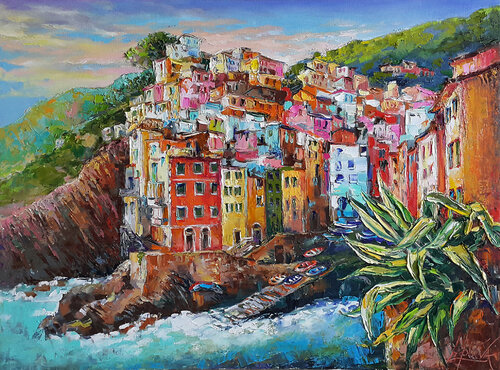 Riomaggiore, Italian landscape, Cinque Terre painting original by Viktoria Lapteva, Painting for Sale on Singulart