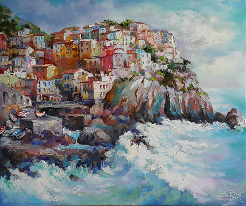 Manarola village Cinque Terre  , italian landscape by Viktoria Lapteva, Painting for Sale on Singulart