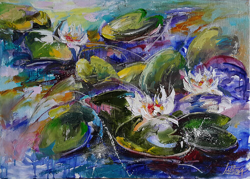 Painting White water lilies, original abstract artwork di Viktoria Lapteva, Pittura in vendita su Singulart