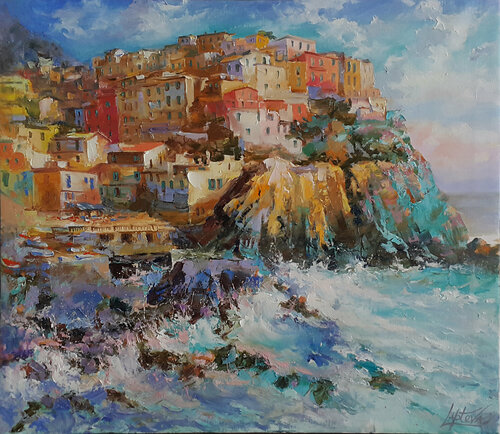 Cinque Terre Manarola village van Viktoria Lapteva, Schilderij te koop op Singulart