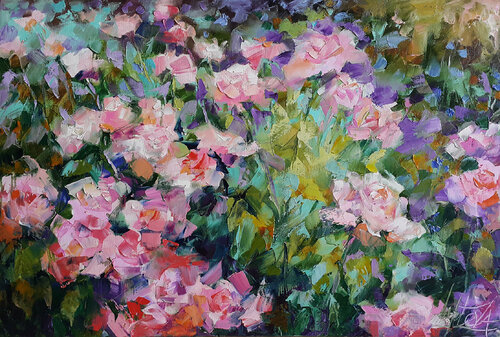 Painting Roses in mother's garden, bouquet of roses bush Viktoria Lapteva