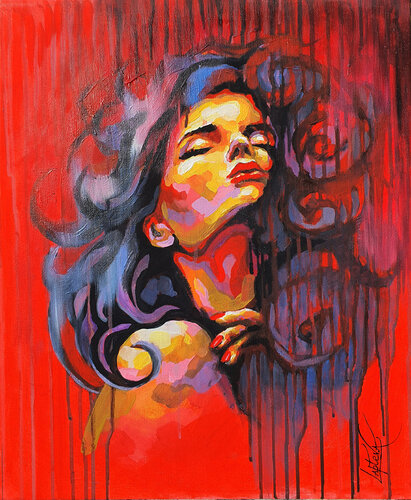 Kiss -  painting portrait woman van Viktoria Lapteva, Schilderij te koop op Singulart