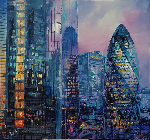 London Mary Axe Tower - painting original acrylic cityscape de Viktoria Lapteva, Pintura a la venta en Singulart