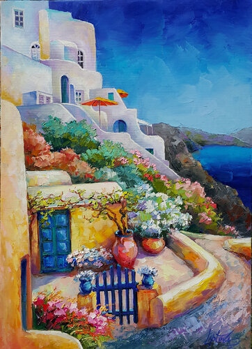 Painting Great holiday in Santorini van Viktoria Lapteva, Schilderij te koop op Singulart