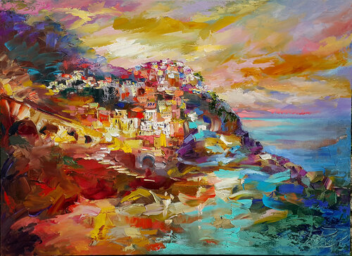 Manarola Evening, Riomaggiore Province - Liguria, Italy landscape de Viktoria Lapteva, Pintura a la venta en Singulart