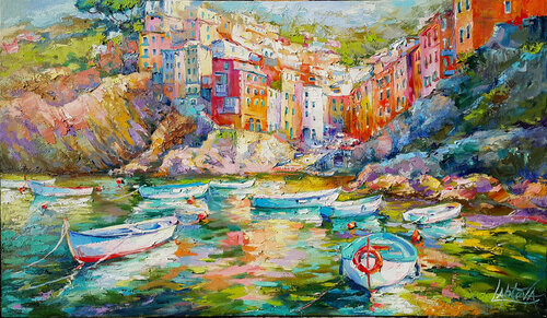 Sunny day in Riomaggiore - italian landscape by Viktoria Lapteva, Painting for Sale on Singulart