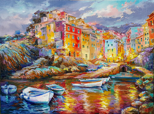 Magical evening in Riomaggiore, Italian landscape, Cinque Terre von Viktoria Lapteva, Malerei kaufen auf Singulart
