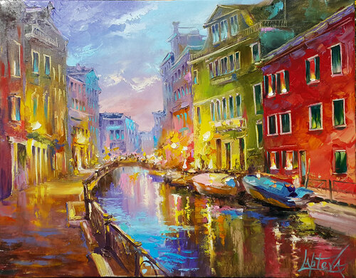 Romantic evening in Venice - oil original cityscape, painting Venice de Viktoria Lapteva, Pintura a la venta en Singulart