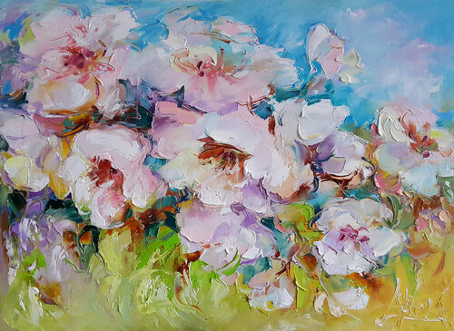 Spring expression - Painting spring flowers,  white pink bouquet plants by Viktoria Lapteva, Painting for Sale on Singulart