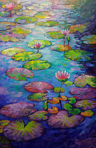 Waterlilies Pond - large Original oil Painting van Viktoria Lapteva, Schilderij te koop op Singulart