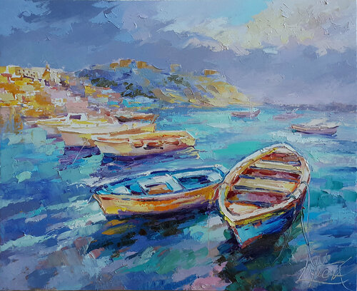 Boats in the bay - painting landscapes Viktoria Lapteva