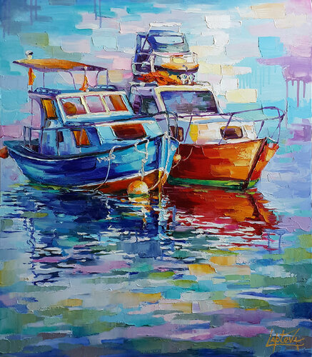 Waiting for new adventure Painting Fishing boats, Nautical Painting, boat yacht bay von Viktoria Lapteva, Malerei kaufen auf Singulart