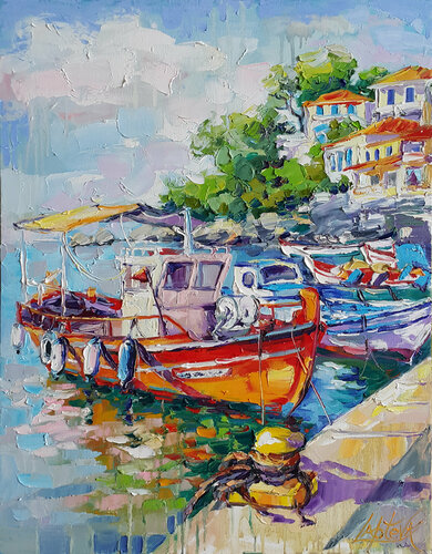 Painting Boats at the pier, Fishing boats, Nautical Painting van Viktoria Lapteva, Schilderij te koop op Singulart