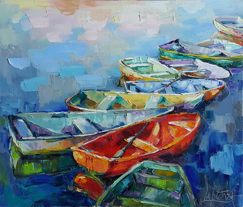 Painting Boats, wooden rowing boats, Fishing boats, Nautical Painting van Viktoria Lapteva, Schilderij te koop op Singulart
