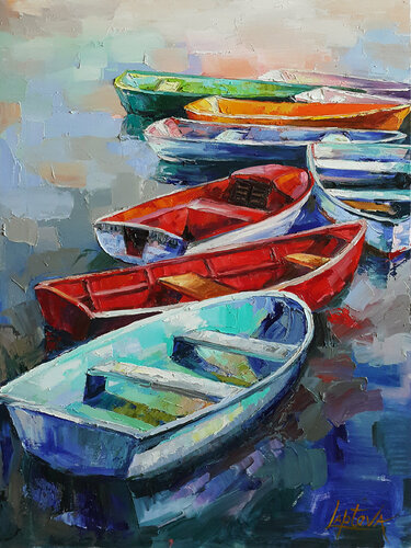 Painting Boats, landscapes van Viktoria Lapteva, Schilderij te koop op Singulart