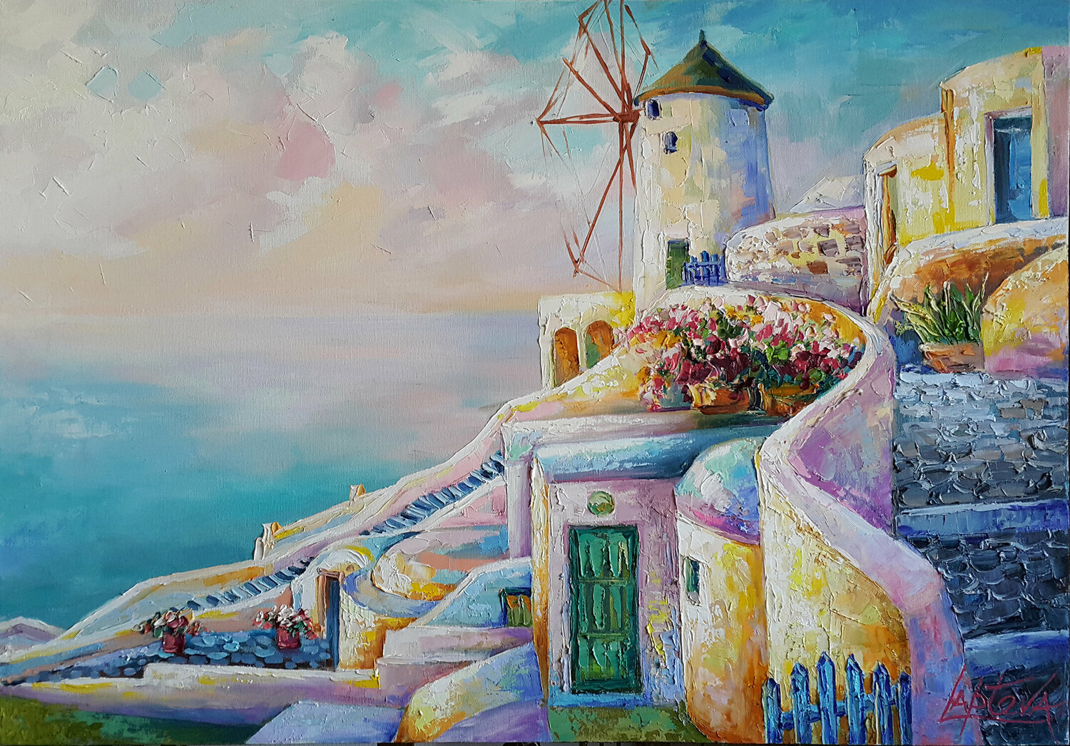 Painting Santorini Greece landscape Viktoria Lapteva Originalgemälde zu verkaufen