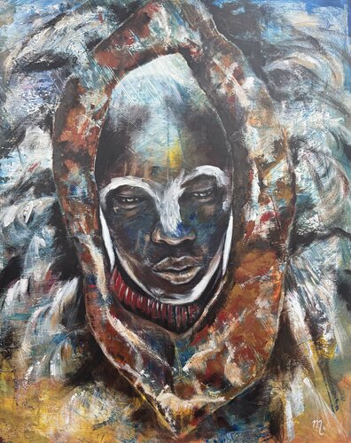 Chalked Kenian worrior van marije hendrickx, Schilderij te koop op Singulart