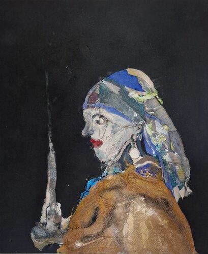 La vieille fille à la boucle d'oreille à la perle   (Vermweer) de Davide Susca Susca, Pintura a la venta en Singulart