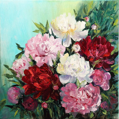White, Pink and Dark Red Peonies von Elena Murtazin, Malerei kaufen auf Singulart