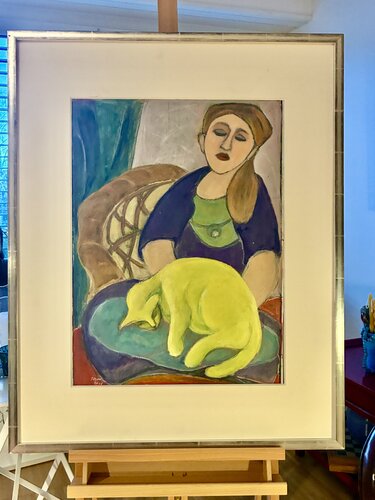 Frau mit gelber Katze di Peter Dotto, Pittura in vendita su Singulart
