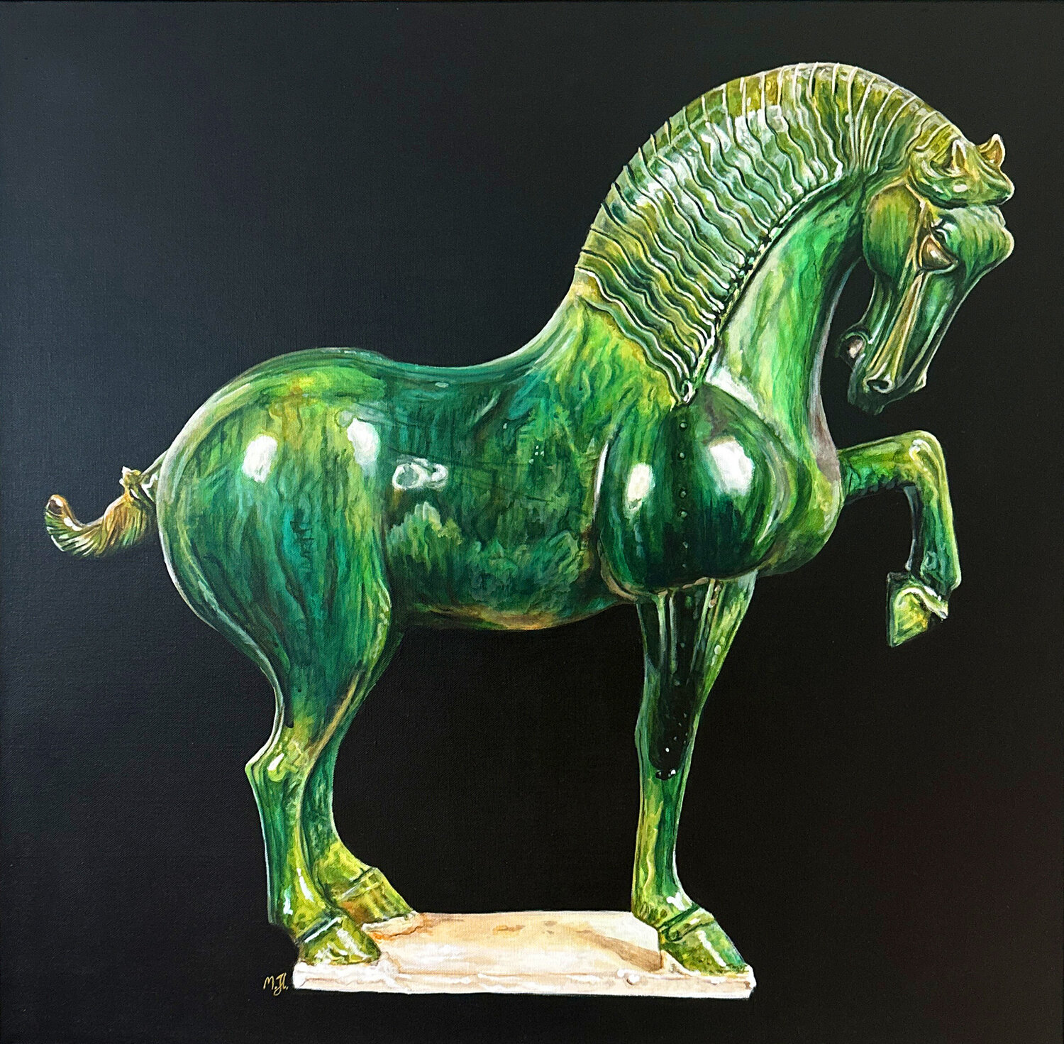 Tang Dynastie Horse green Malgorzata J.M. Holliger Originalgemälde zu verkaufen