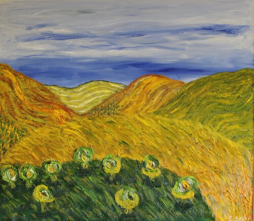 Montañas y campos amarillos van Manuel F. Gochi, Schilderij te koop op Singulart