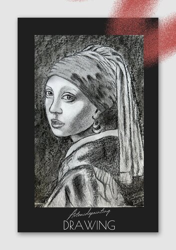 Charcoal drawing of  Girl with a Pearl Earring by Valentina Sico, Drawing for Sale on Singulart