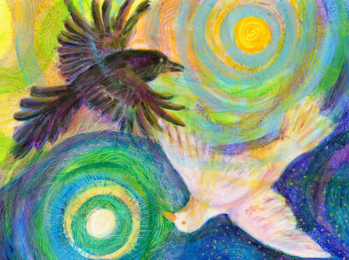 Moonlit Dove and Sunlit Crow van Heni Sandoval, Schilderij te koop op Singulart