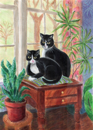 The Brothers by the Window van Heni Sandoval, Schilderij te koop op Singulart